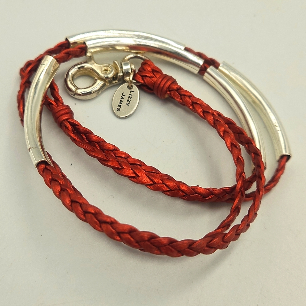 Lizzy James Silver and Red Braided Wrap Bracelet